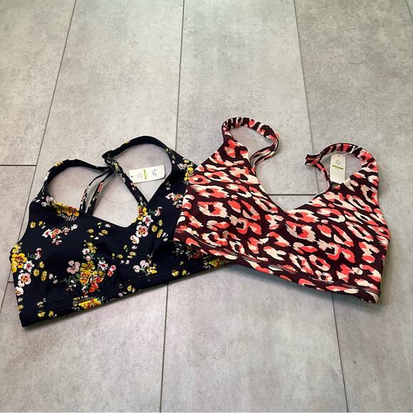 NWT Aerie Offline Goals Plunge Sports Bra 2 Pack Maroon Black Floral Small Mesh - Picture 3 of 16